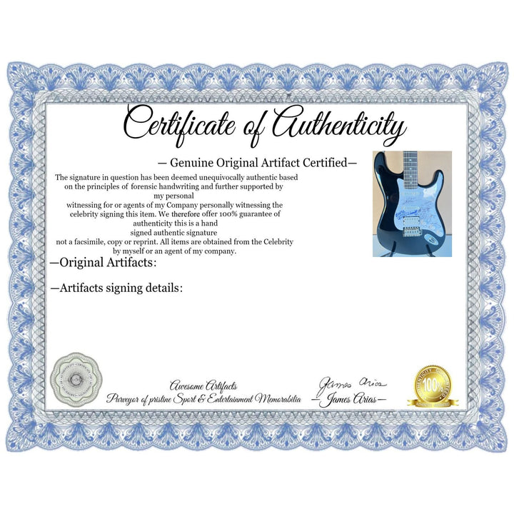 "Slash" Saul Hudson, Keith Richards & Angus Young with sketch  full size Stratocaster electric guitar signed with proof