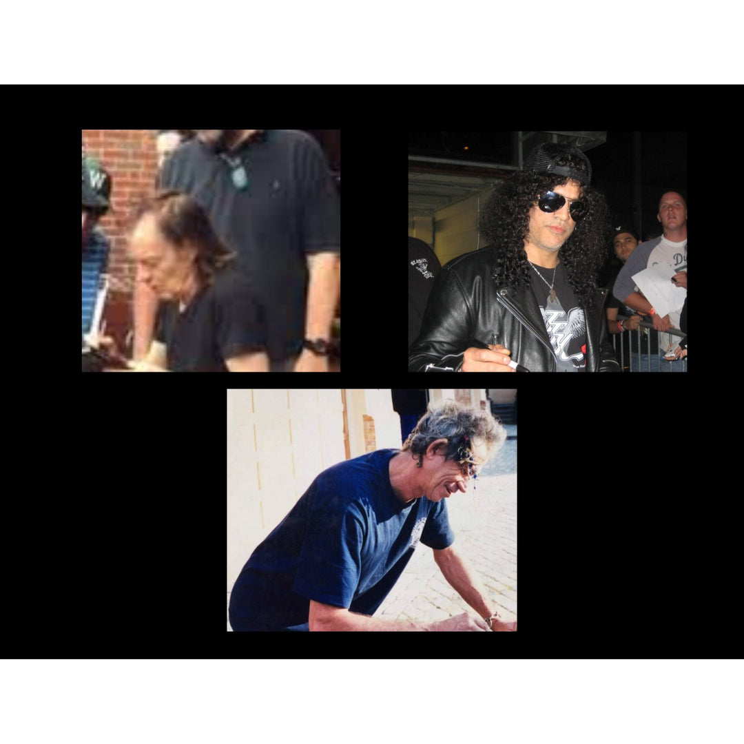 "Slash" Saul Hudson, Keith Richards & Angus Young with sketch  full size Stratocaster electric guitar signed with proof