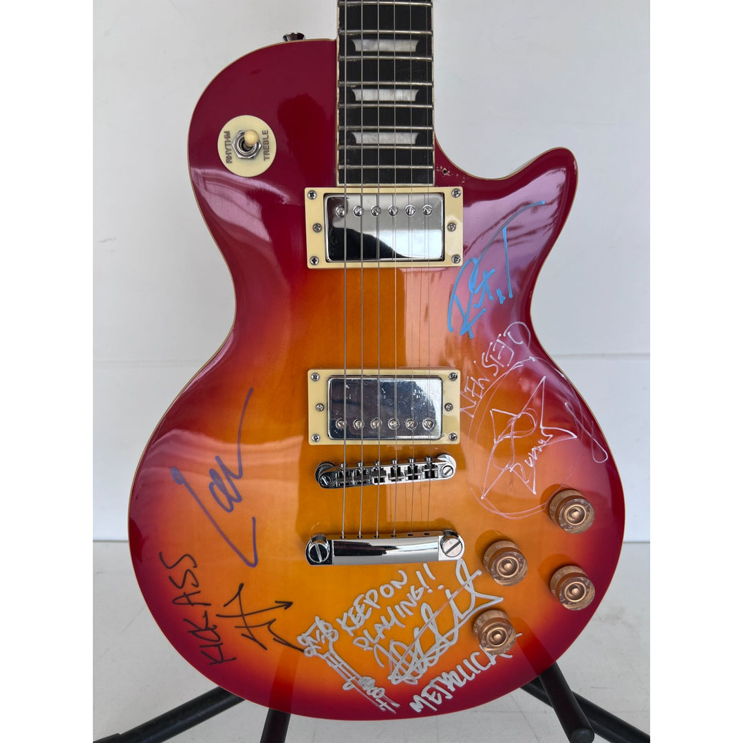 Metallica James Hetfield Lars Ulrich Kirk Hammett Robert Trujillo Jason Newsted vintage les paul signed with proof (one of a kind).