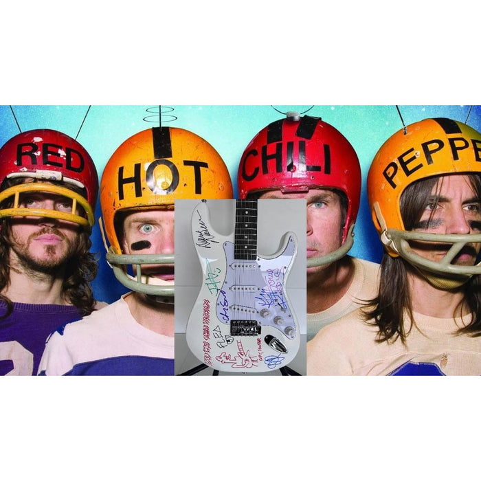 Red Hot Chili Peppers Anthony Kiedis Chad Smith Flea full size electric guitar signed and inscribed with proof