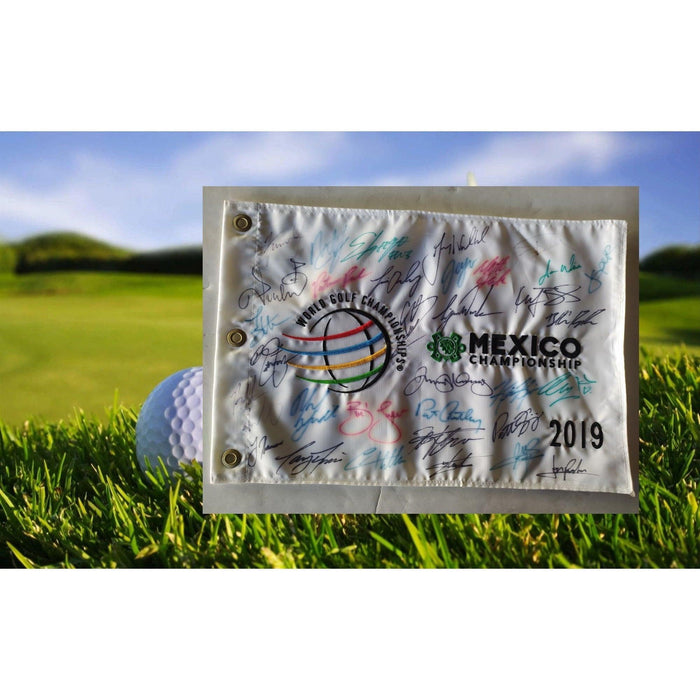 Jon Rahm Rory McIlroy Tiger Woods Phil Mickelson Bruce Koepka Bubba Watson Jordan Spieth world golf champions flag signed