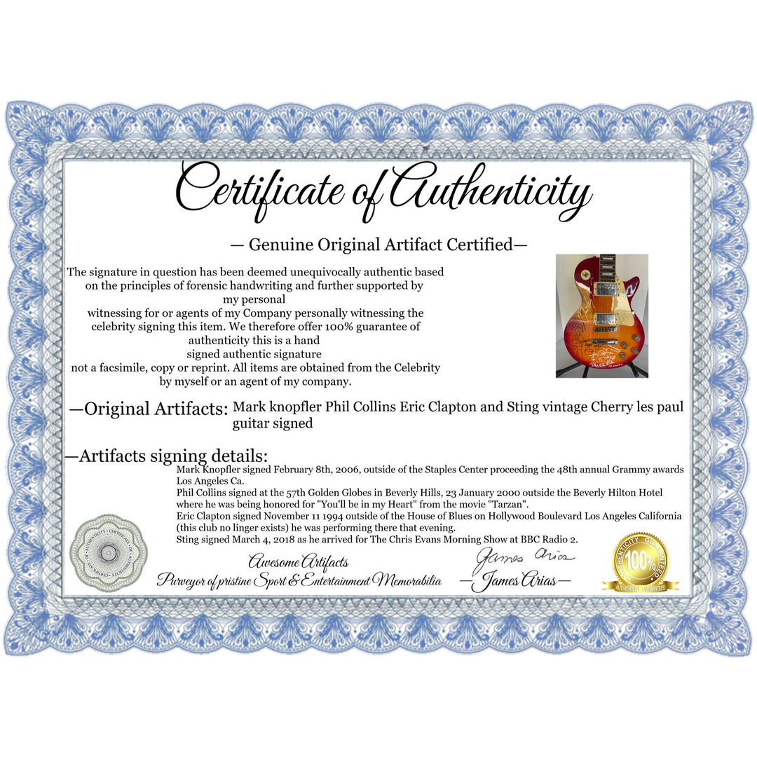 Mark knopfler Phil Collins Eric Clapton and Sting vintage Cherry les paul guitar signed with proof