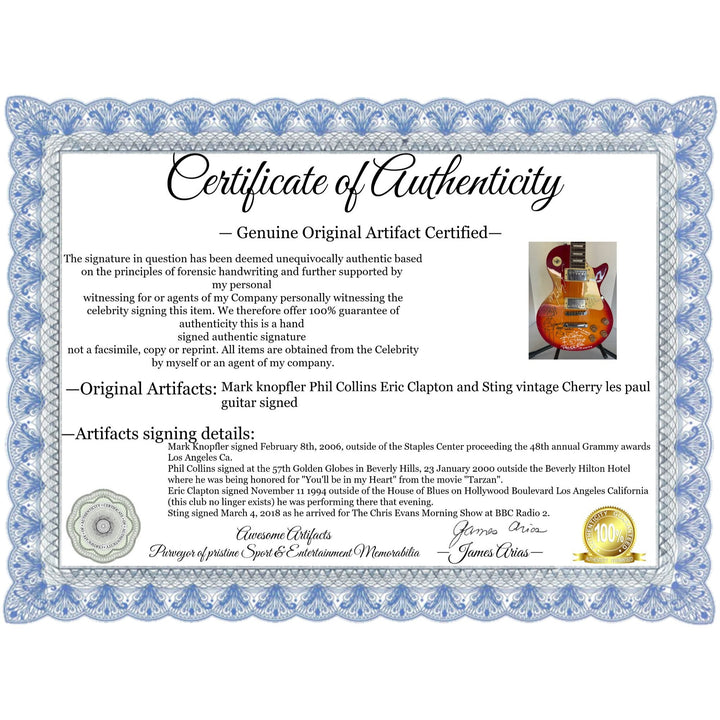 Mark knopfler Phil Collins Eric Clapton and Sting vintage Cherry les paul guitar signed with proof