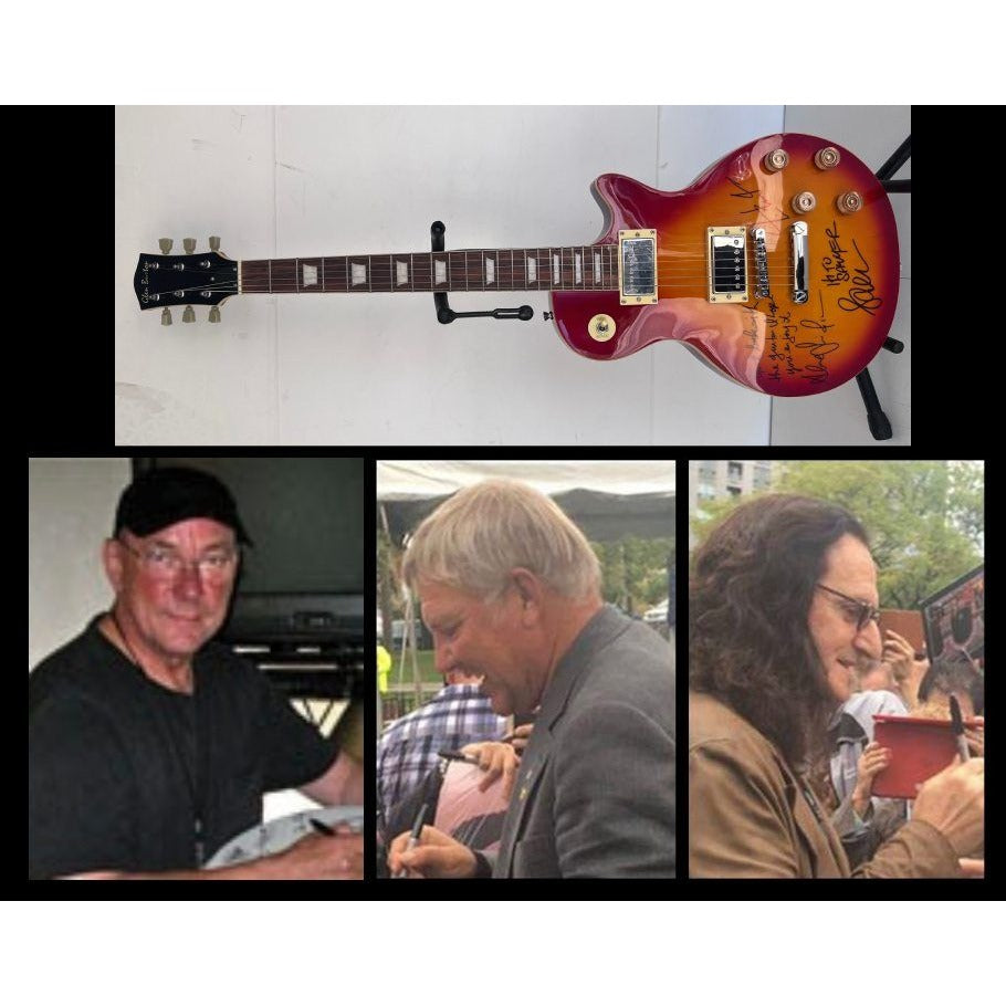 Rush one of a kind Geddy Lee Neil Peart Alex Lifeson vintage cherry les pail full size electric guitar signed and inscribed with proof.