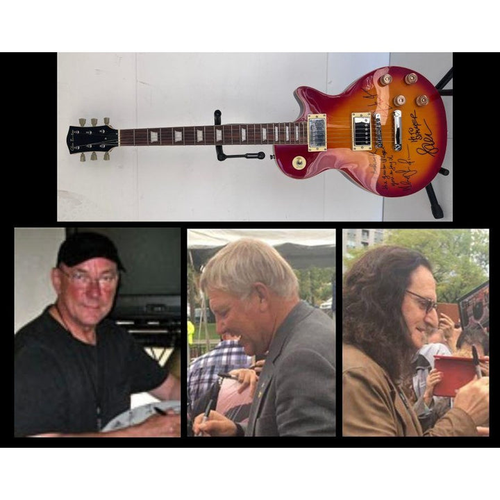 Rush one of a kind Geddy Lee Neil Peart Alex Lifeson vintage cherry les pail full size electric guitar signed and inscribed with proof.