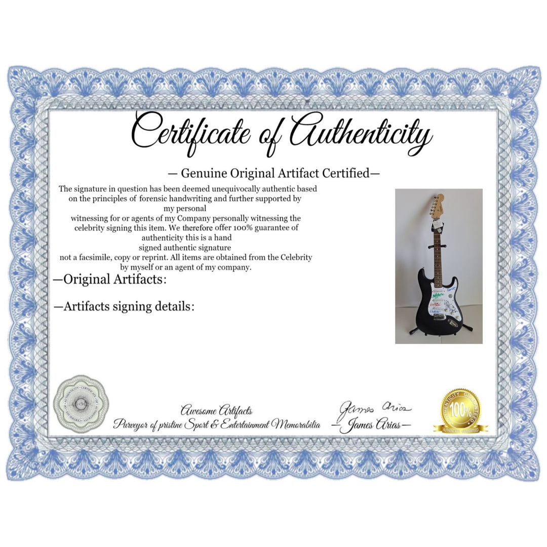 Angus & Malcolm Young, Brian Johnston, Phil Rudd, Cliff Williams AC/DC Fender Stratocaster electric guitar signed with proof