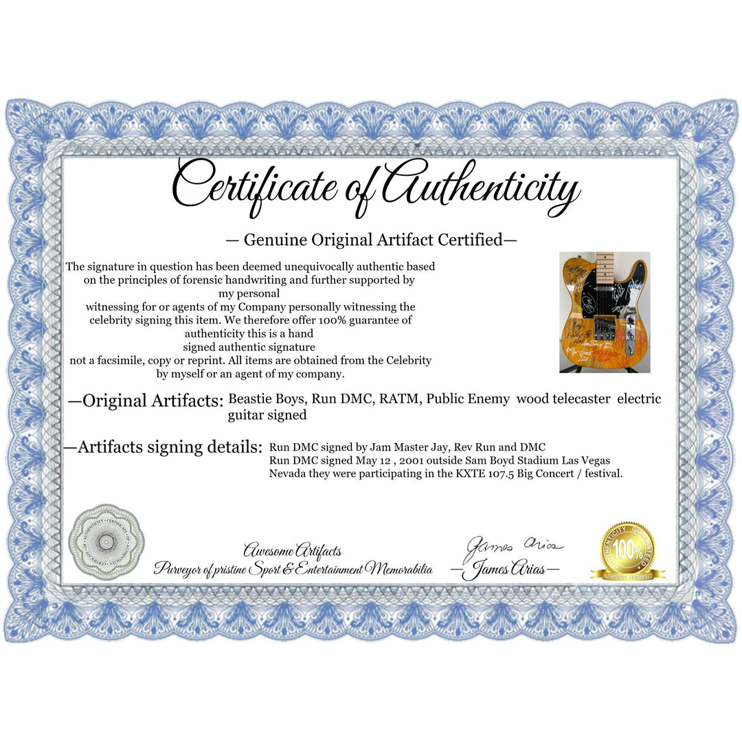 Beastie Boys,  Run DMC, RATM, Public Enemy  wood telecaster  electric guitar signed with proof.