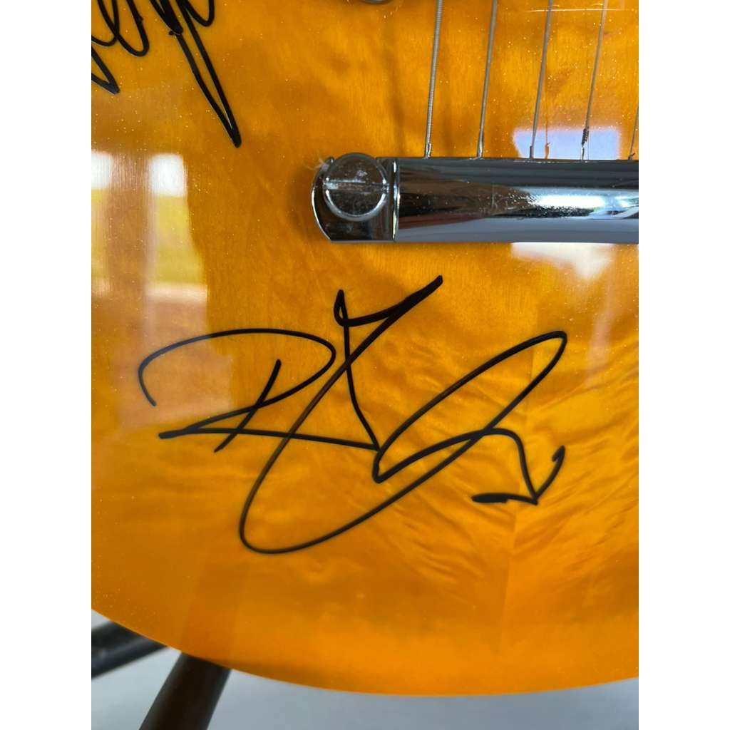 Led Zeppelin Jimmy Page, Robert Plant, John Paul Jones gold les paul electric guitar signed with proof.