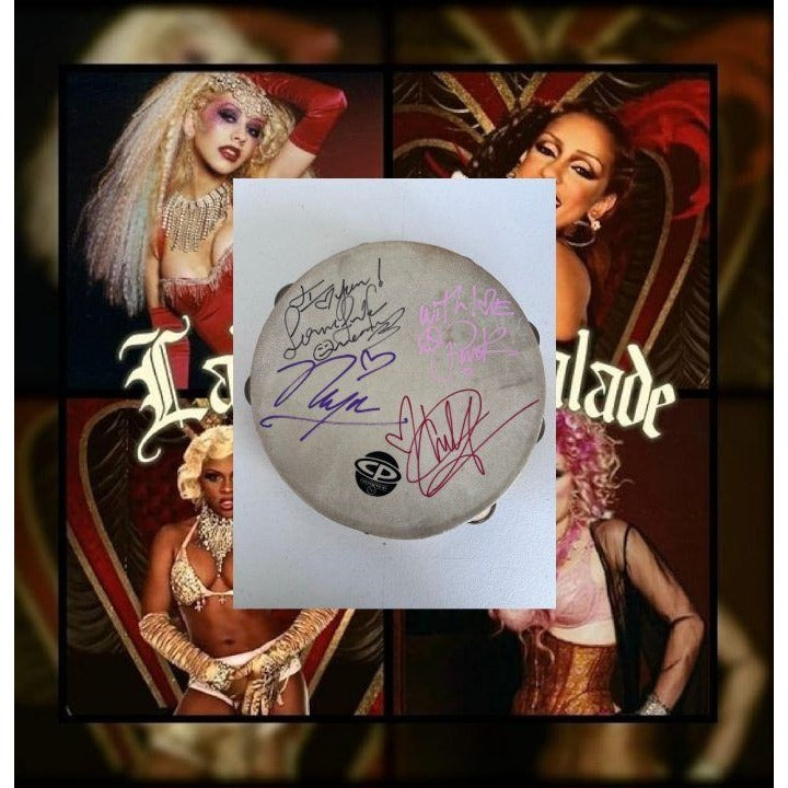 Christina Aguilera Lil Kim, Mya, Pink Lady Marmalade Moulin Rouge tambourine signed with proof.