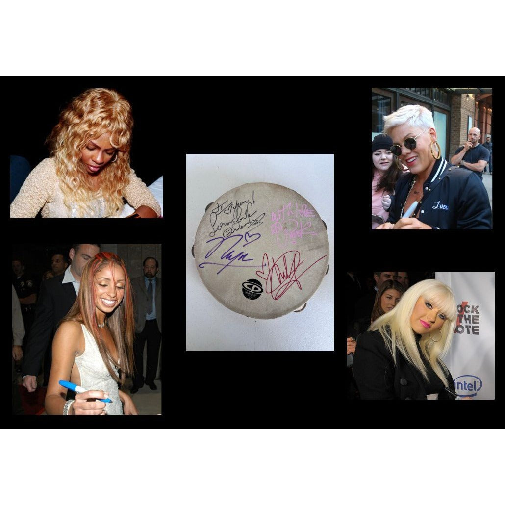 Christina Aguilera Lil Kim, Mya, Pink Lady Marmalade Moulin Rouge tambourine signed with proof.