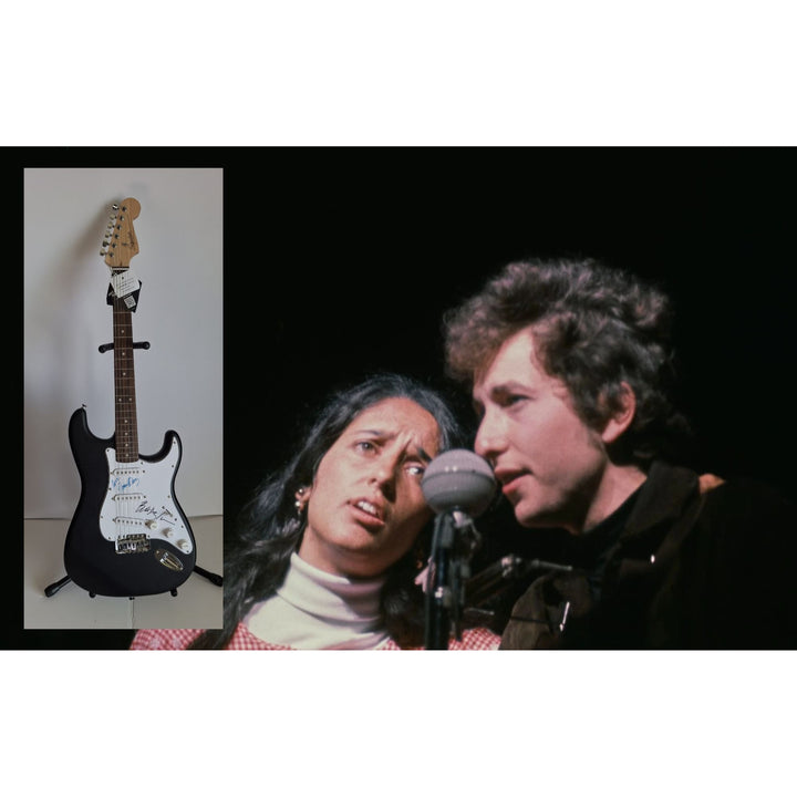 Joan Baez & Bob Dylan, authentic Fender Stratocaster electric guitar signed with proof