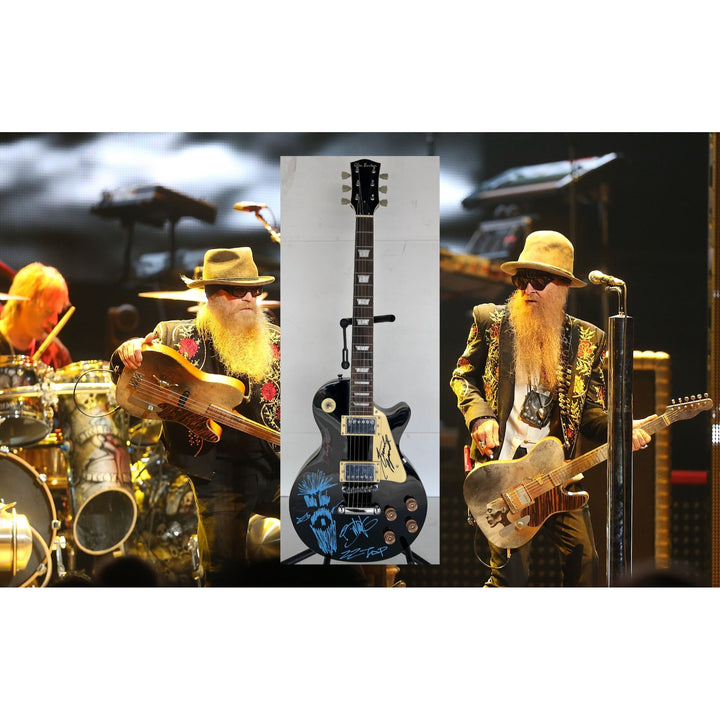 ZZ Top vintage les paul electric guitar Billy Gibbons with sketch Frank Beard Dusty Hill signed with proof.
