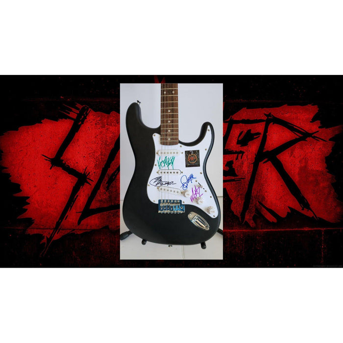 Kerry King, Tom Araya, Paul Bostaph, Gary Holt, Slayer, authentic Fender Stratocaster electric guitar signed with proof