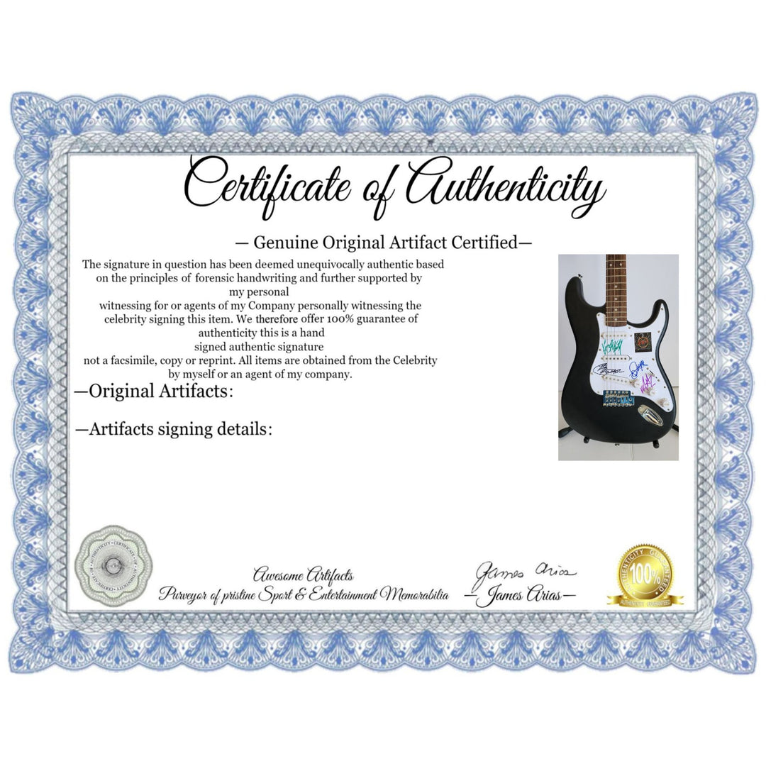 Kerry King, Tom Araya, Paul Bostaph, Gary Holt, Slayer, authentic Fender Stratocaster electric guitar signed with proof