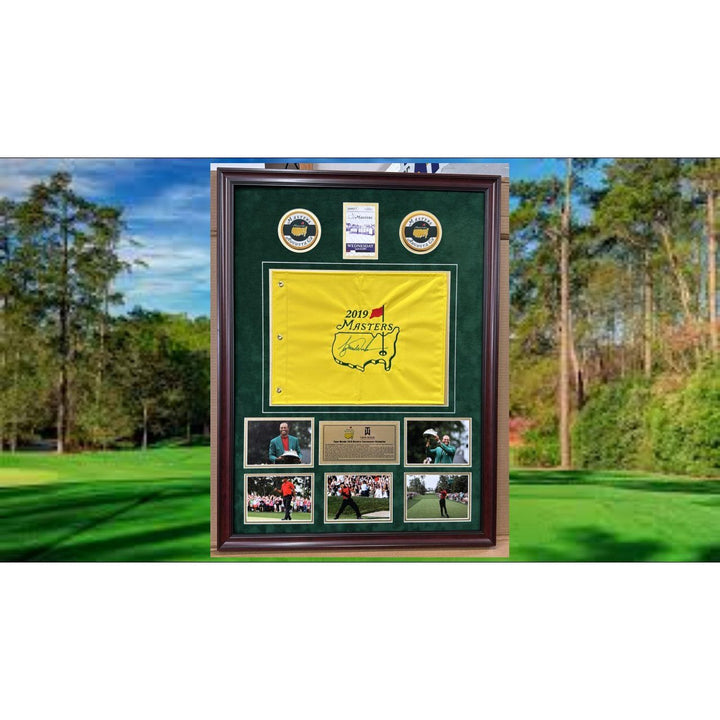 Tiger Woods 2019 Masters flag signed with proof, 2019 Masters ticket & museum quality frame