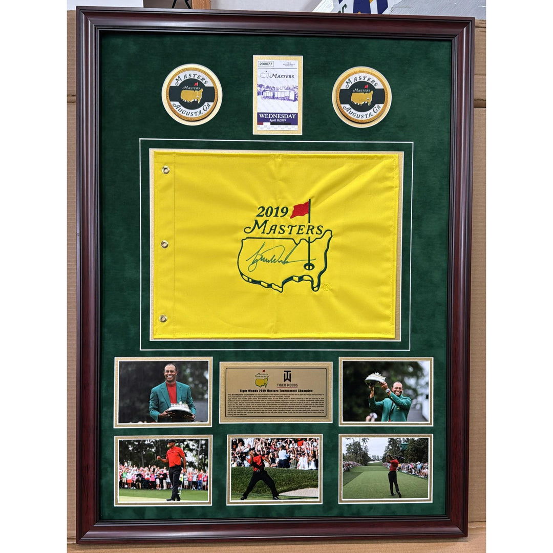 Tiger Woods 2019 Masters flag signed with proof, 2019 Masters ticket & museum quality frame