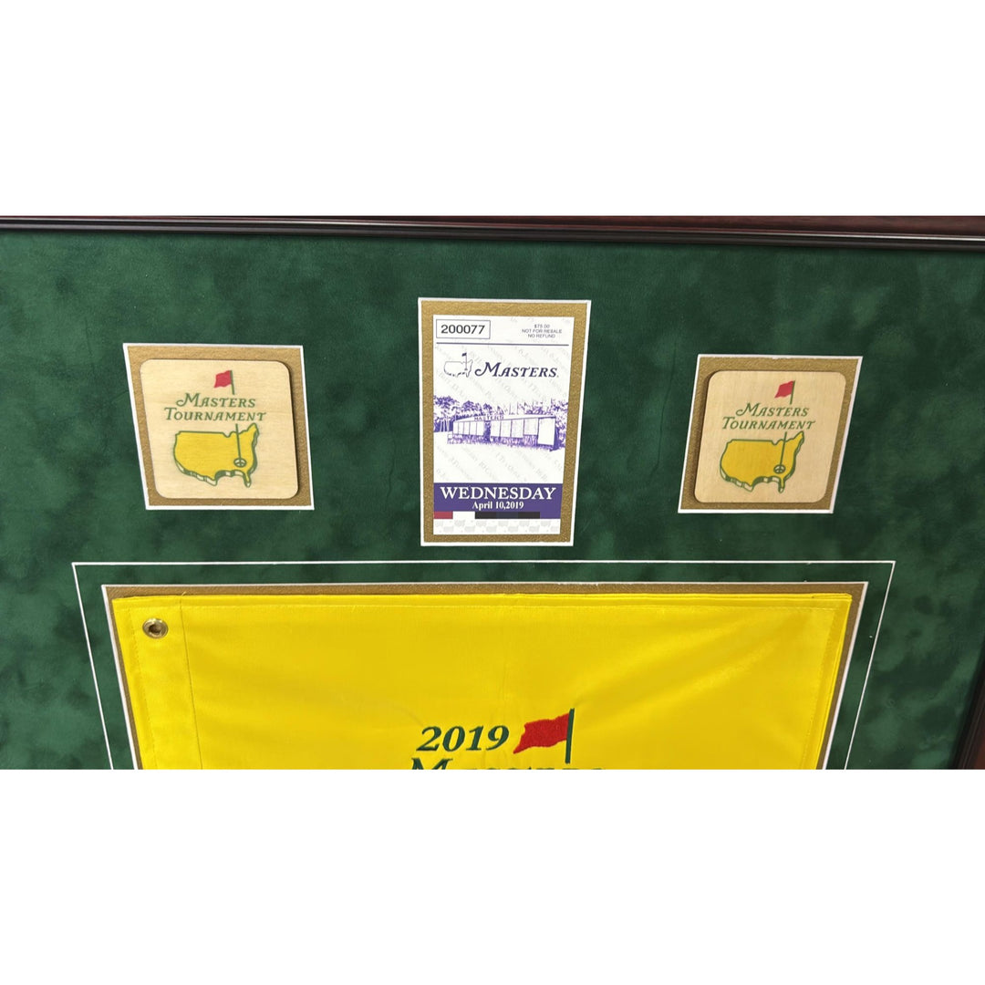 Tiger Woods 2019 Masters flag signed with proof, 2019 Masters ticket & museum quality frame
