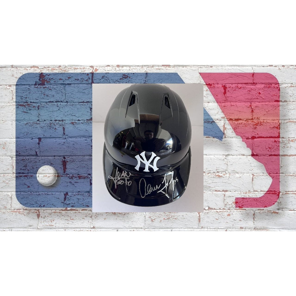 New York Yankees MLB authentic game model full size batting helmet signed by Aaron Judge Juan Soto