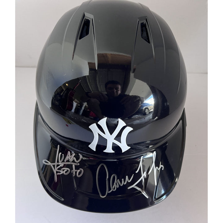 New York Yankees MLB authentic game model full size batting helmet signed by Aaron Judge Juan Soto