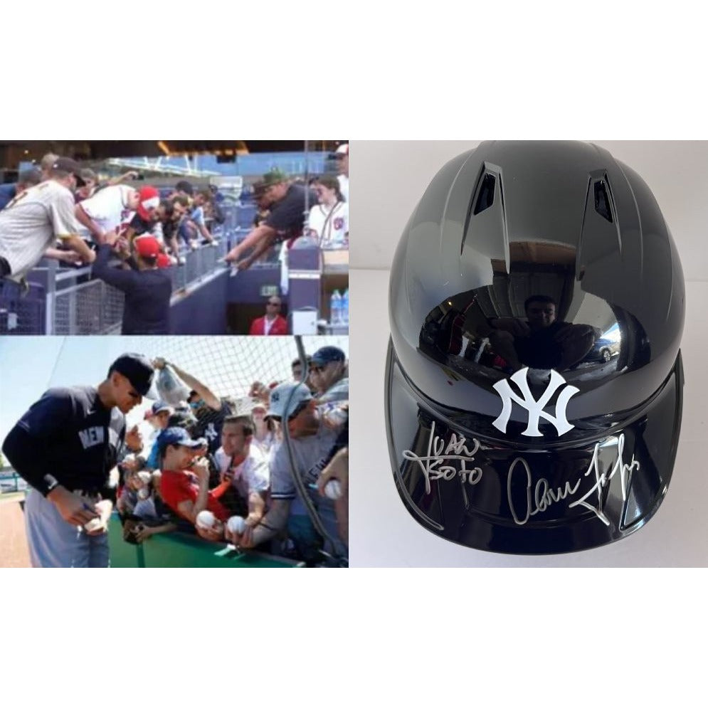 New York Yankees MLB authentic game model full size batting helmet signed by Aaron Judge Juan Soto