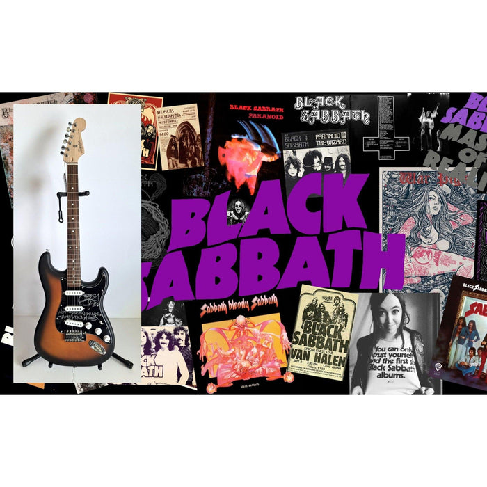 Black Sabbath, Ozzy Osbourne, signed with inscription for Ronnie James Dio, Fender Stratocaster electric guitar signed with proof