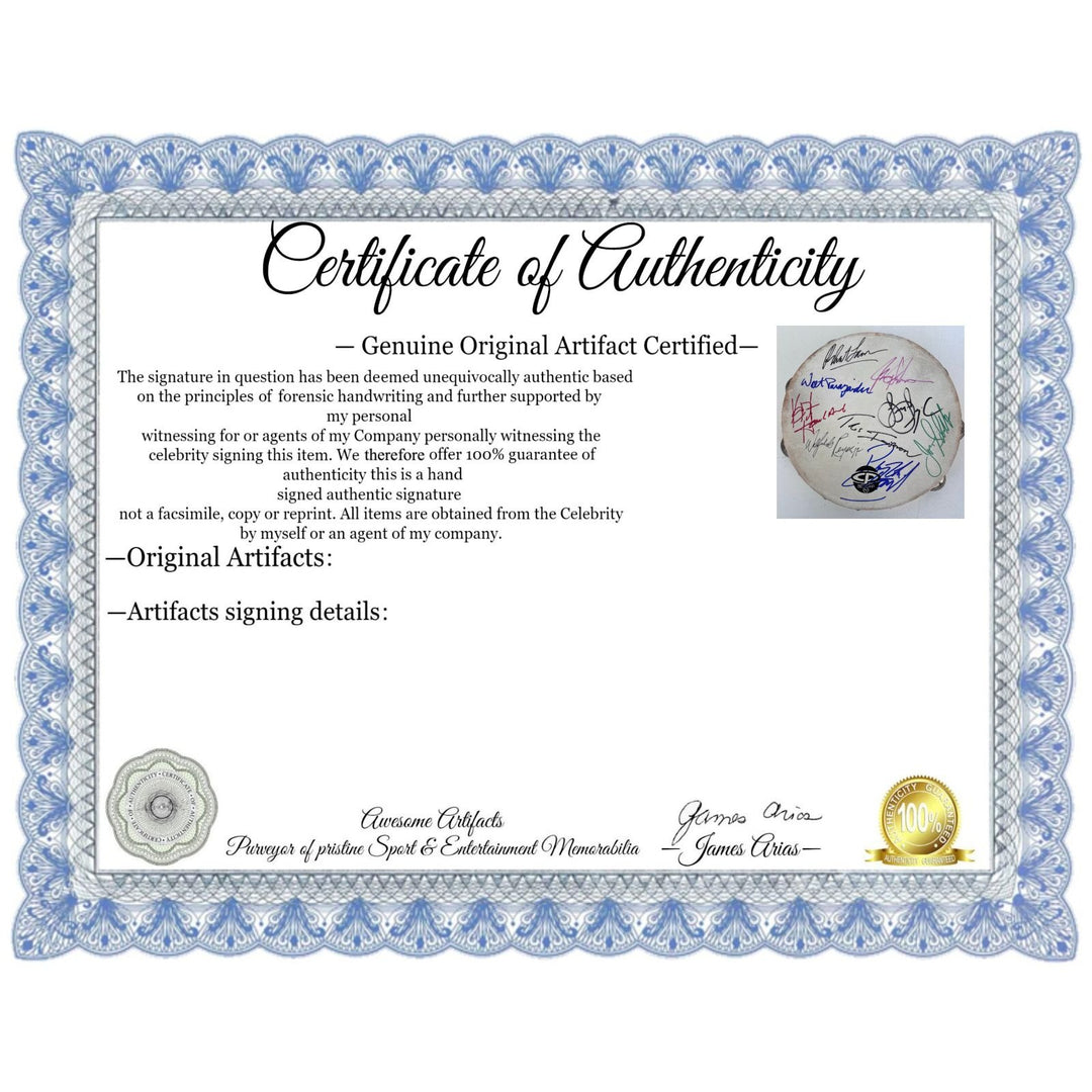 Chicago band tambourine Peter Cetara, Robert Lamm, Lee Loughnane, Danny Seraphine, Terry Kath, Walt Parazaider and Jimmy Pankow signed.