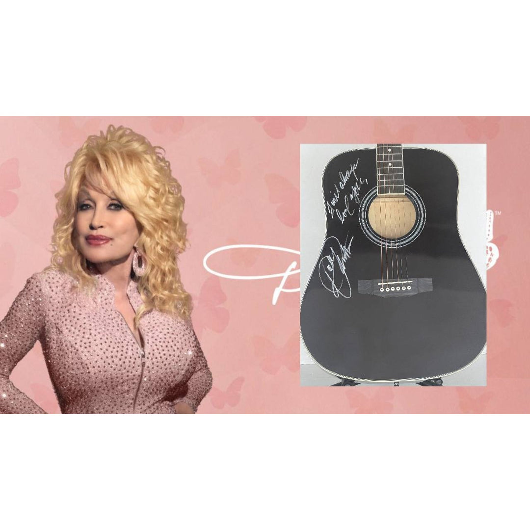 Dolly Parton full size black acoustic guitar signed with proof.