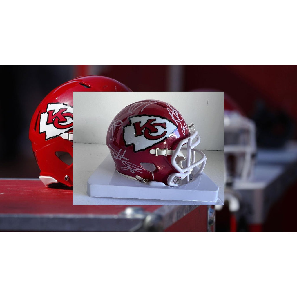 Patrick Mahomes Travis Kelce Andy Reid Tyreek Hill Kansas City Chiefs Riddell mini helmet signed with proof