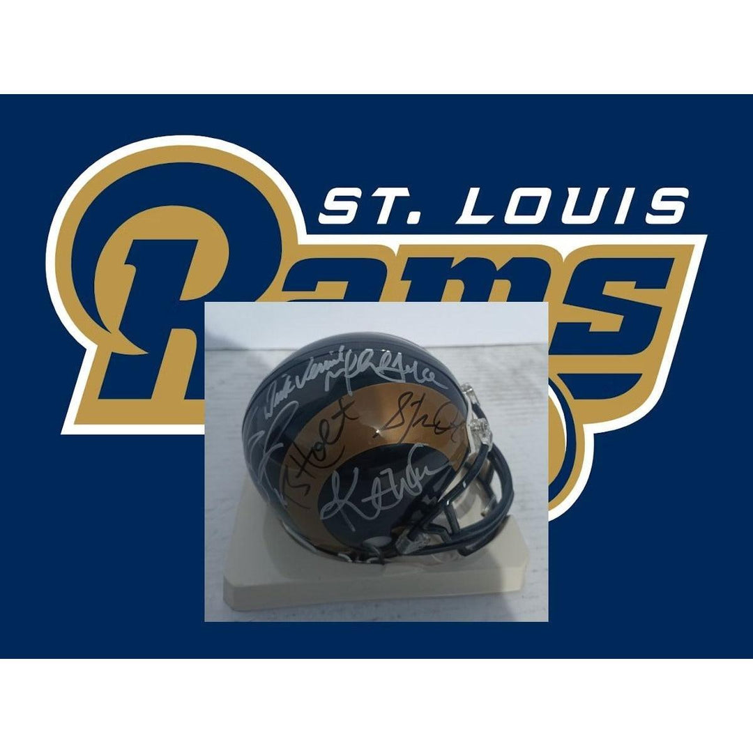 St. Louis Rams Dick Vermeil Kurt Warner Torry Holt Marshall Faulk Riddell mini helmet signed with proof