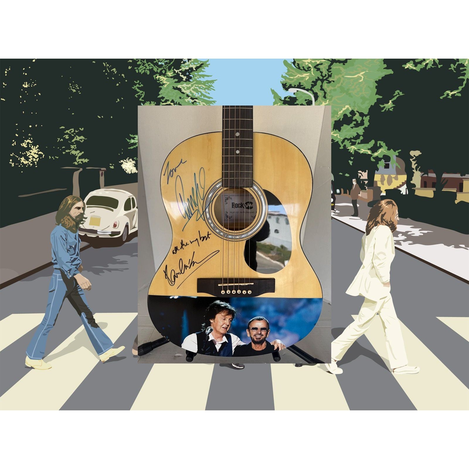 Ringo Starr & Paul McCartney of the Beatles acoustic guitar signed