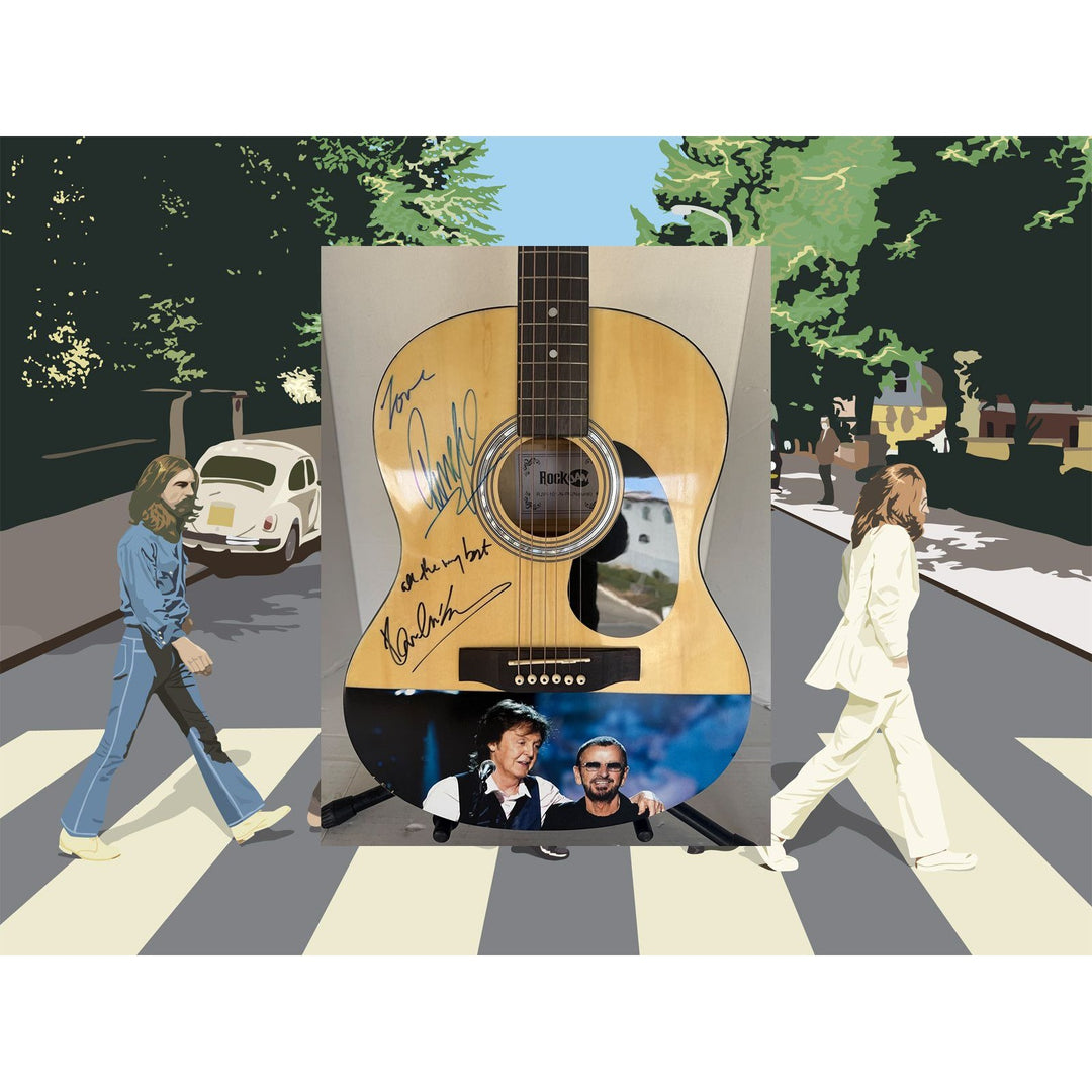 Ringo Starr & Paul McCartney of the Beatles acoustic guitar signed with proof.