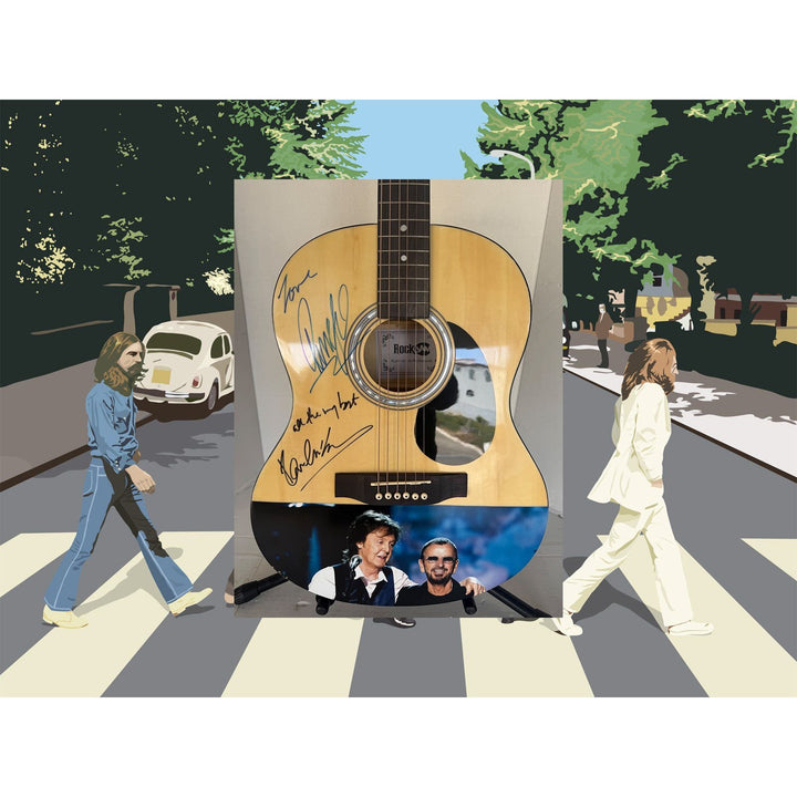 Ringo Starr & Paul McCartney of the Beatles acoustic guitar signed with proof.