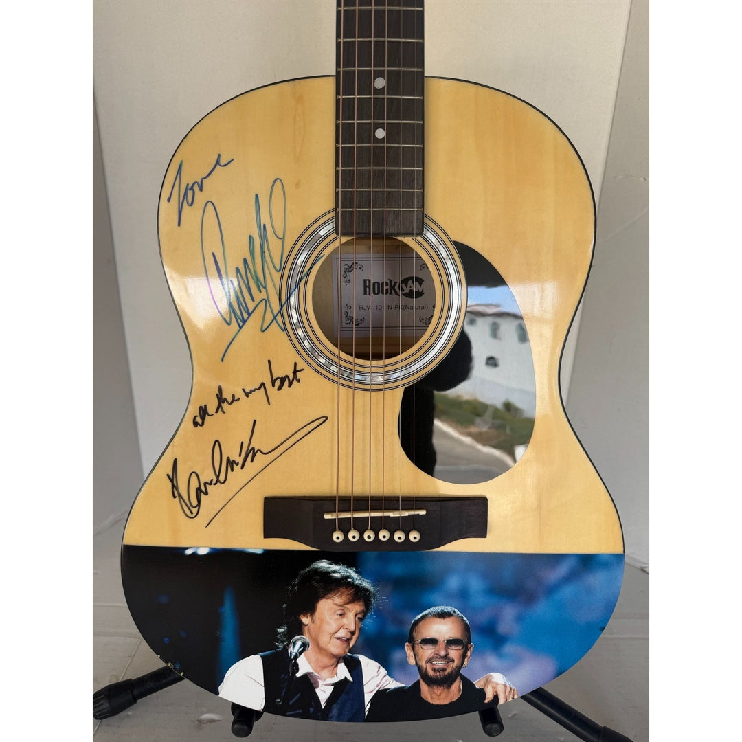 Ringo Starr & Paul McCartney of the Beatles acoustic guitar signed with proof.