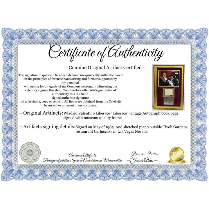 Władziu Valentino Liberace "Liberace" vintage Autograph book page signed with museum quality frame 