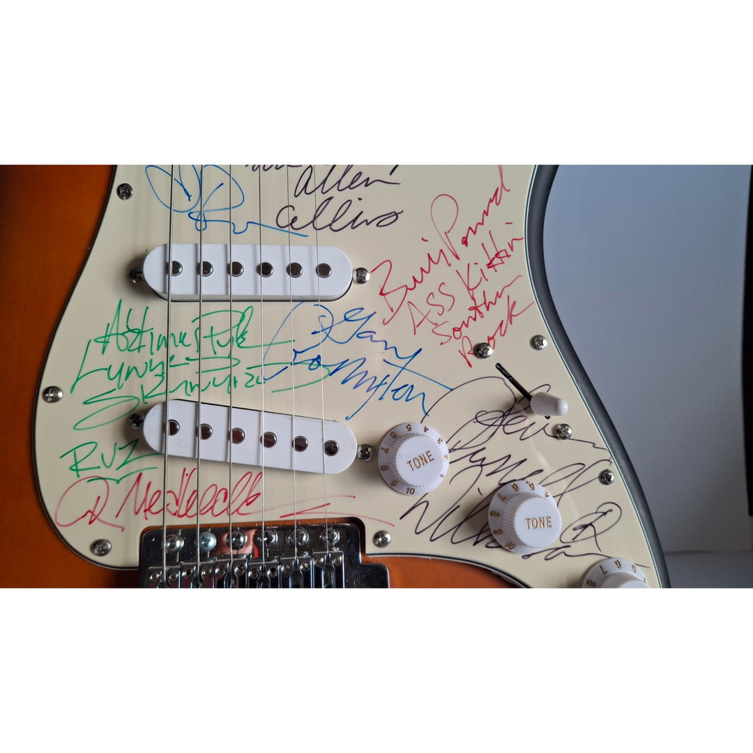 Lynyrd Skynyrd Gary Rossington, Johnny Van, Rickey Medlocke, Billy Powell, Ed King, Leon Wilkeson, Artimus Pyle & Alan Collins Fender signed with proof