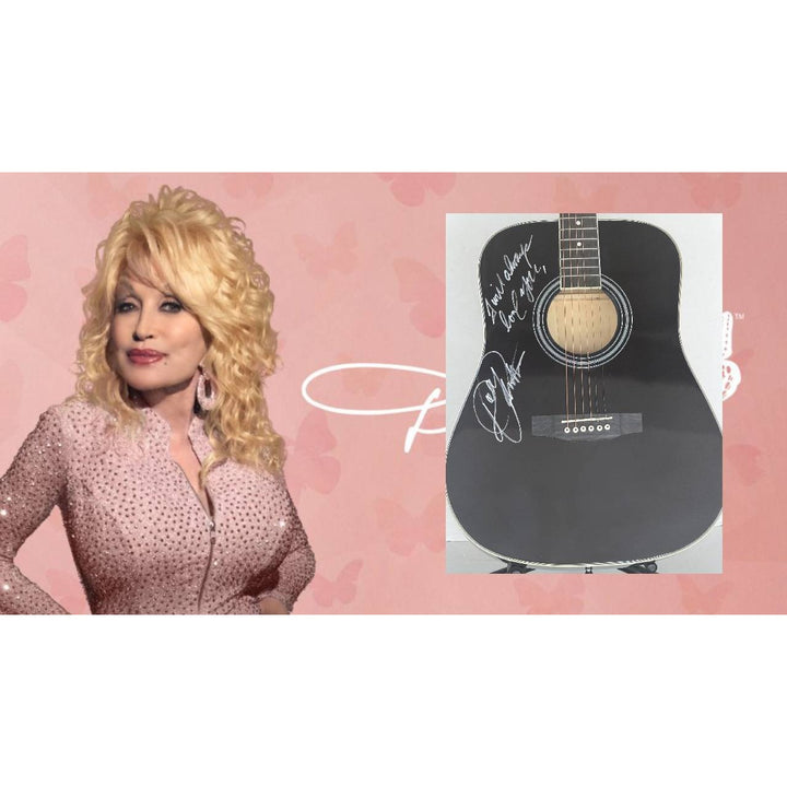 Dolly Parton full size black acoustic guitar signed with proof.