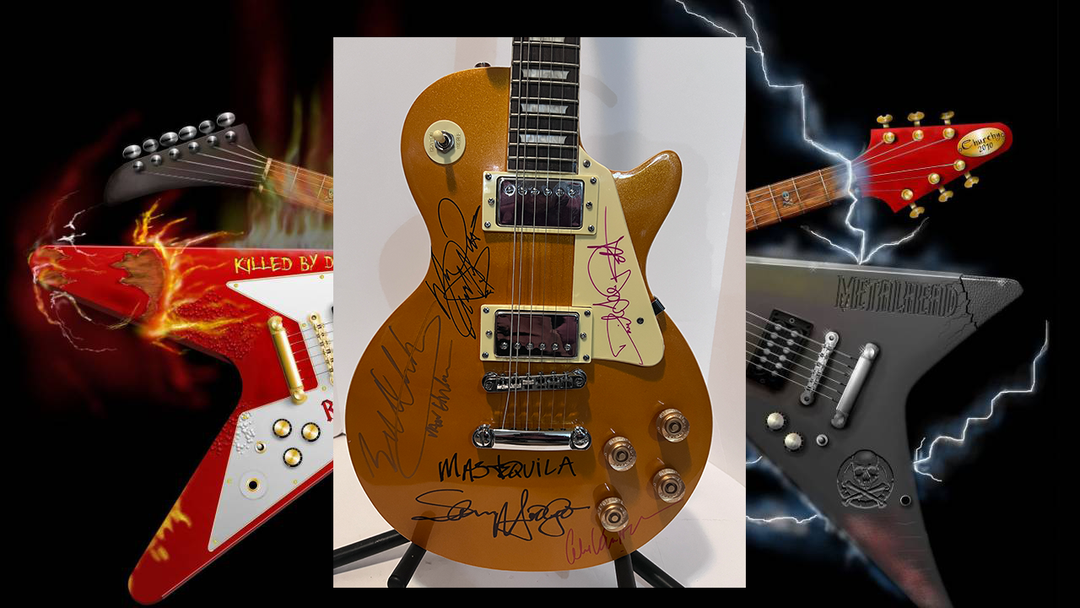 Eddie and Alex Van Halen David Lee Roth Sammy Hagar Michel Anthony Van Halen gold full-size Les Paul electric guitar signed with proof