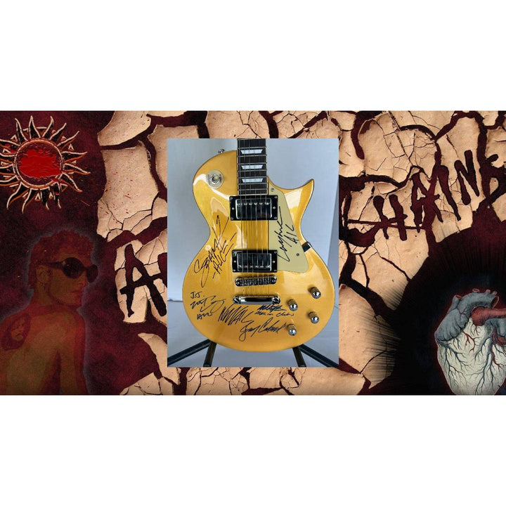 Alice N' Chains Mike Starr, Layne Staley Jerry Cantrell , Sean Kinney, William Duvall, gold les paul electric guitar signed with proof
