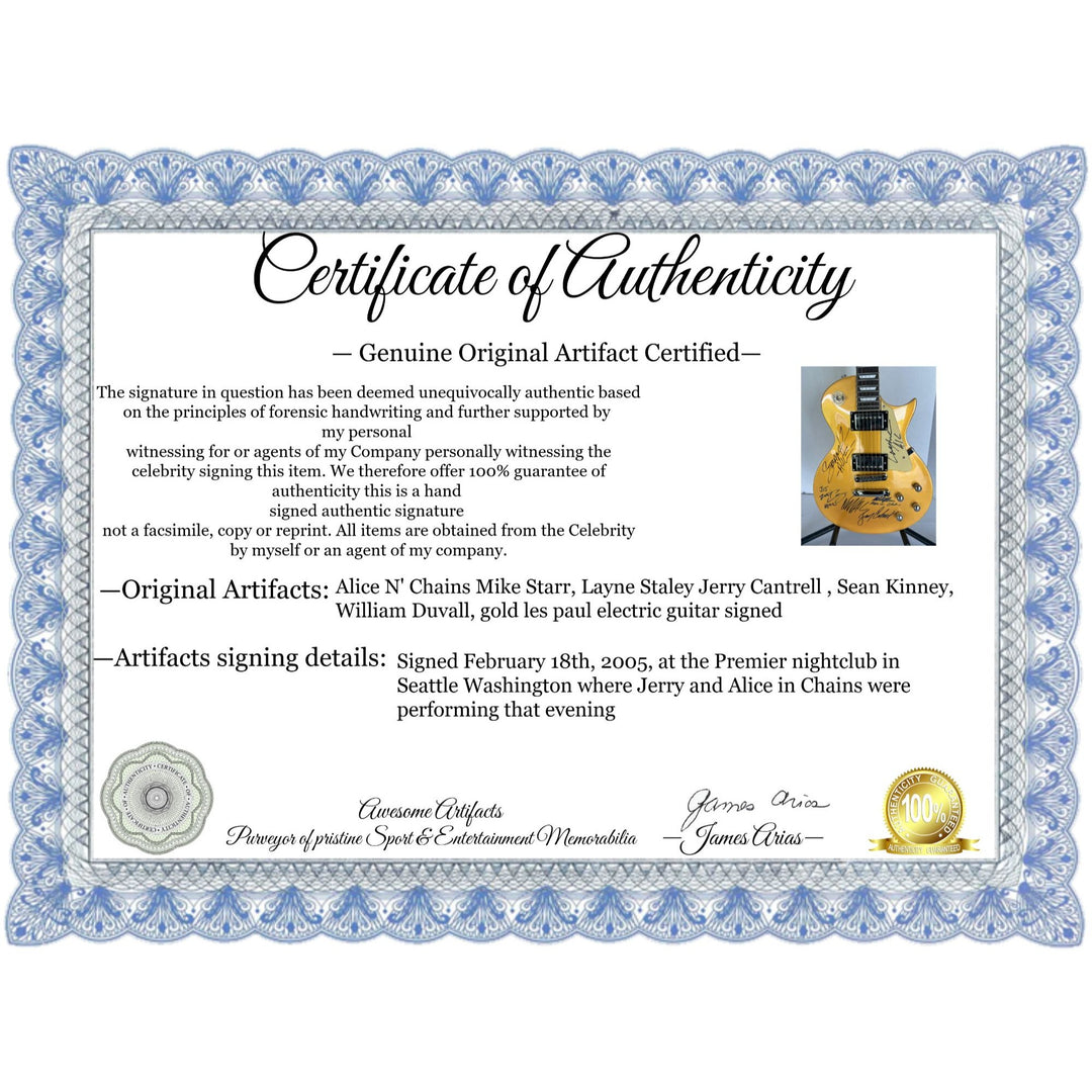 Alice N' Chains Mike Starr, Layne Staley Jerry Cantrell , Sean Kinney, William Duvall, gold les paul electric guitar signed with proof