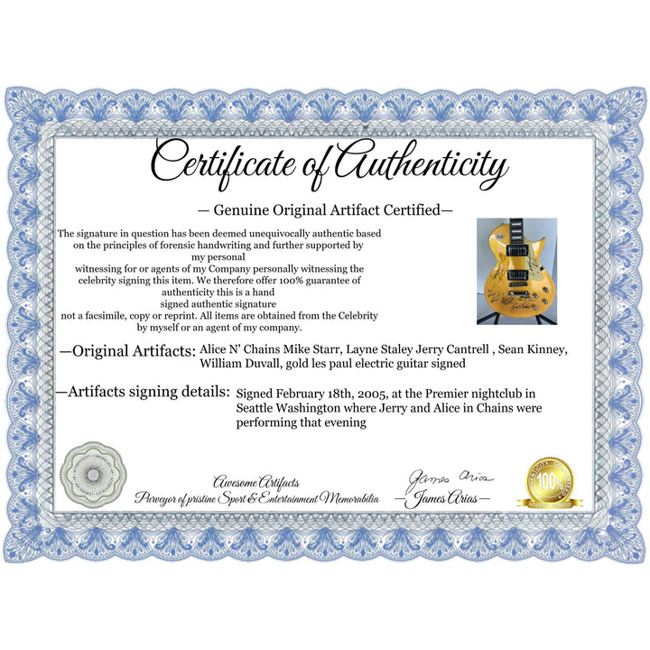 Alice N' Chains Mike Starr, Layne Staley Jerry Cantrell , Sean Kinney, William Duvall, gold les paul electric guitar signed with proof