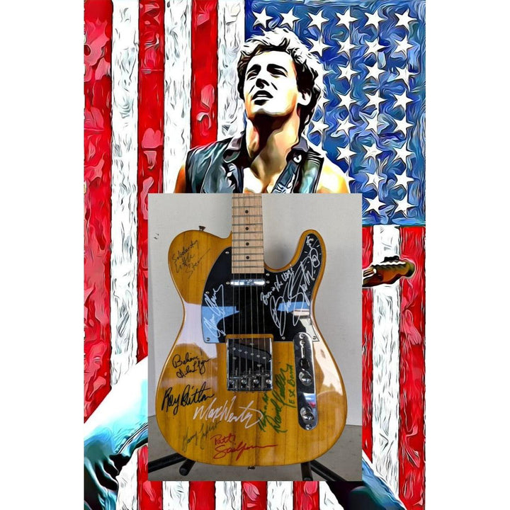 A man sings with passion in front of an American flag backdrop, with a signed guitar overlay.