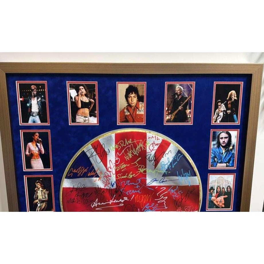 UK British Rock n Roll Icons (44) 22" drum head Paul McCartney, Elton John, Jimmy Page, Keith Richards, David Gilmour signed with proof.