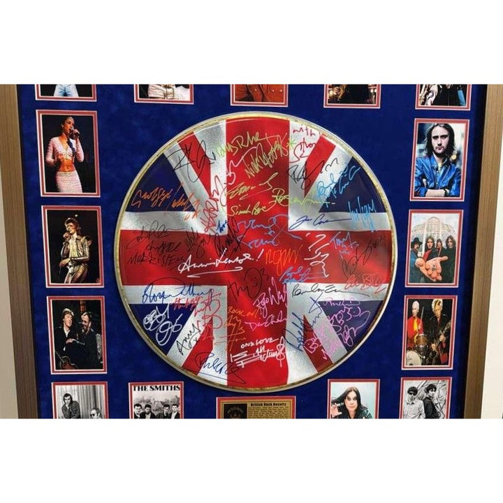 UK British Rock n Roll Icons (44) 22" drum head Paul McCartney, Elton John, Jimmy Page, Keith Richards, David Gilmour signed with proof.