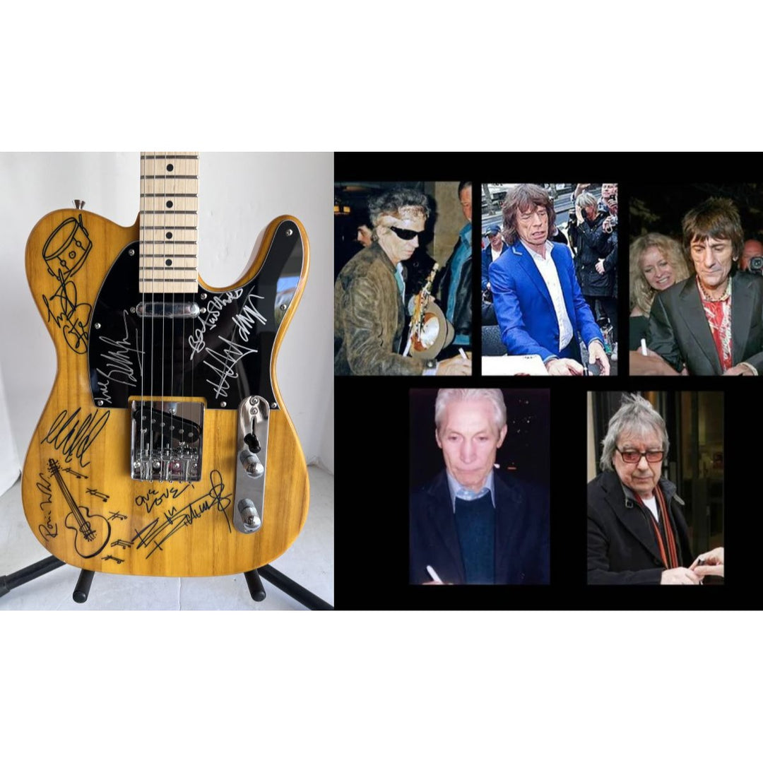 Rolling Stones Mick Jagger Ronnie Woods Charlie Watts Keith Richards Telecaster Electric guitar signed whit proof