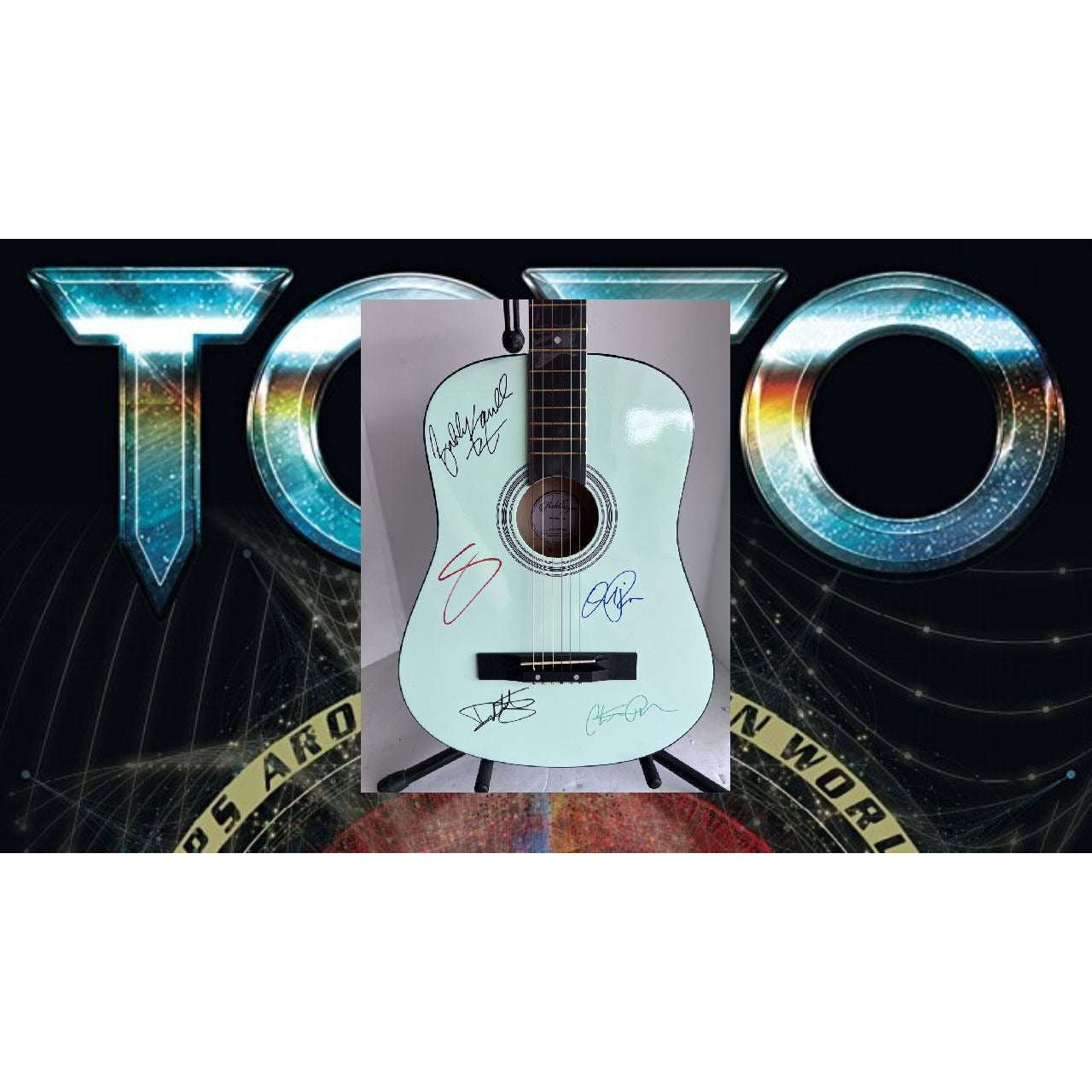 TOTO Bobby Kimbal David Paich Mike Porcaro David Hungate Steve Porcaro full size Green acoustic guitar signed with proof