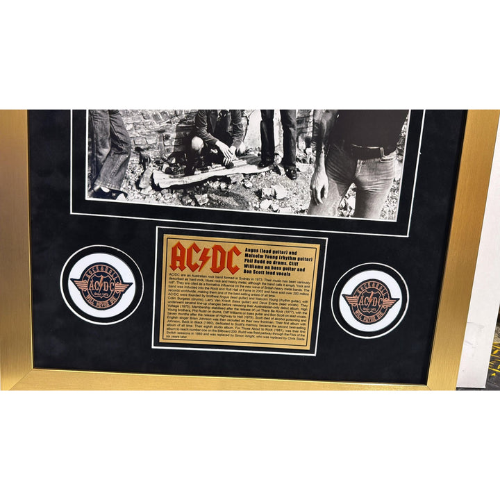 ACDC vintage autograph book page signed by original members Bon Scott Angus and Malcolm Young,  Phil Rudd & Cliff Williams