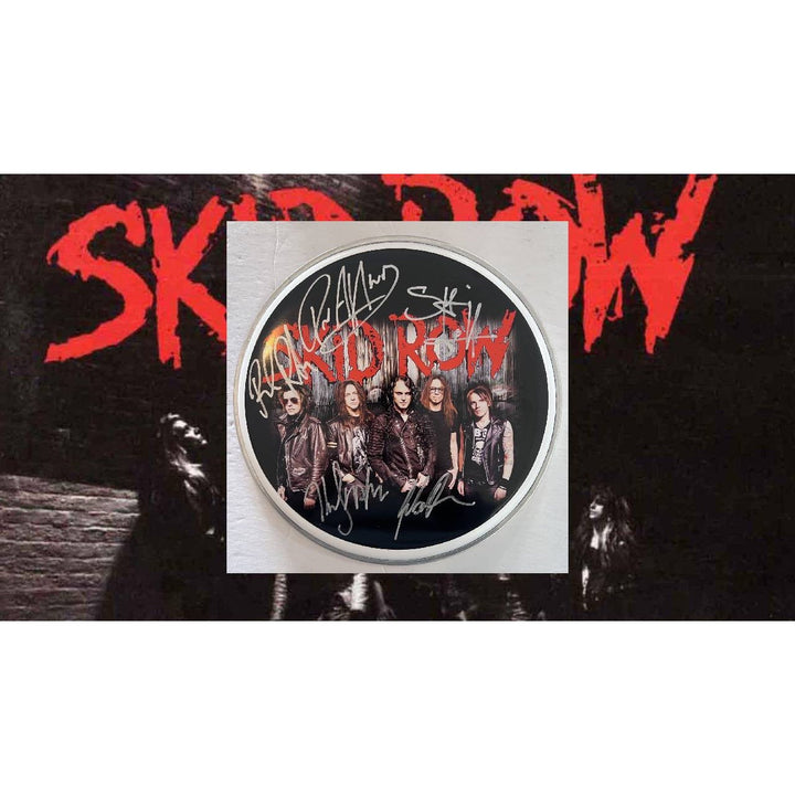 Skid Row Sebastian Bach Dave Sarbo, Sciottie Hill 14-in one-of-a-kind drumhead signed Awesome Artifacts