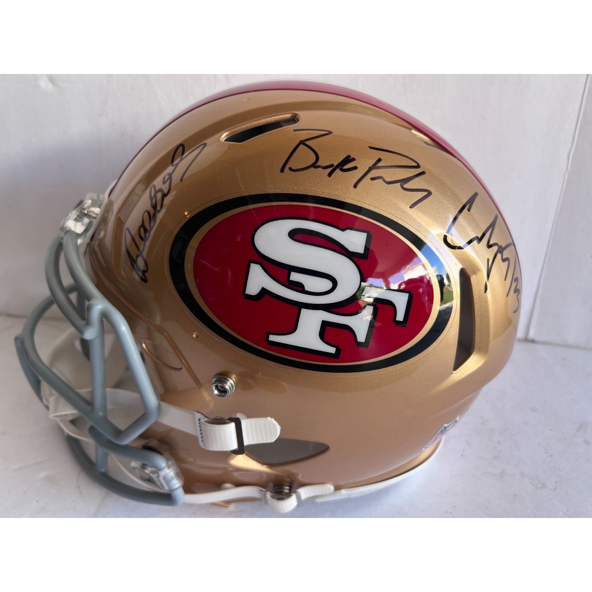 Christian McCaffrey Deebo Samuel Brock Purdy San Francisco 49ers Riddell Speed game model helmet signed with proof