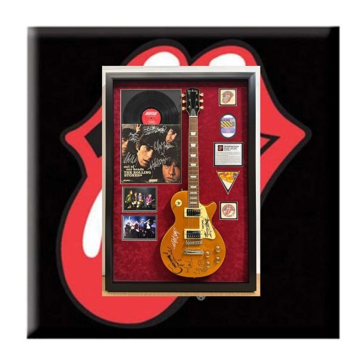 Keith Richards Bill Wyman Mick Jagger.The Rolling Stones les paul full size electric guitar framed and signed with proof.