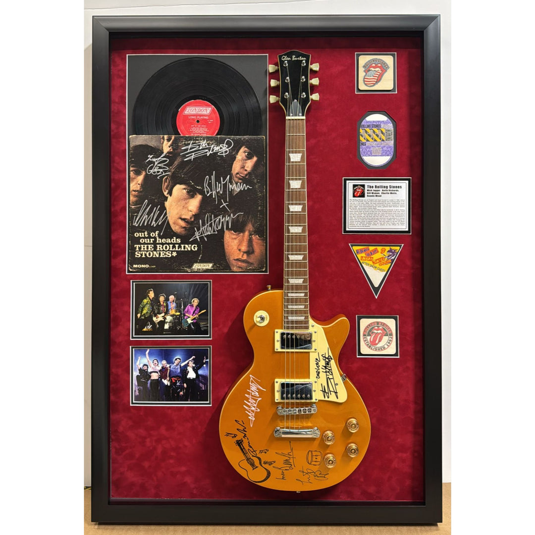 Keith Richards Bill Wyman Mick Jagger.The Rolling Stones les paul full size electric guitar framed and signed with proof.